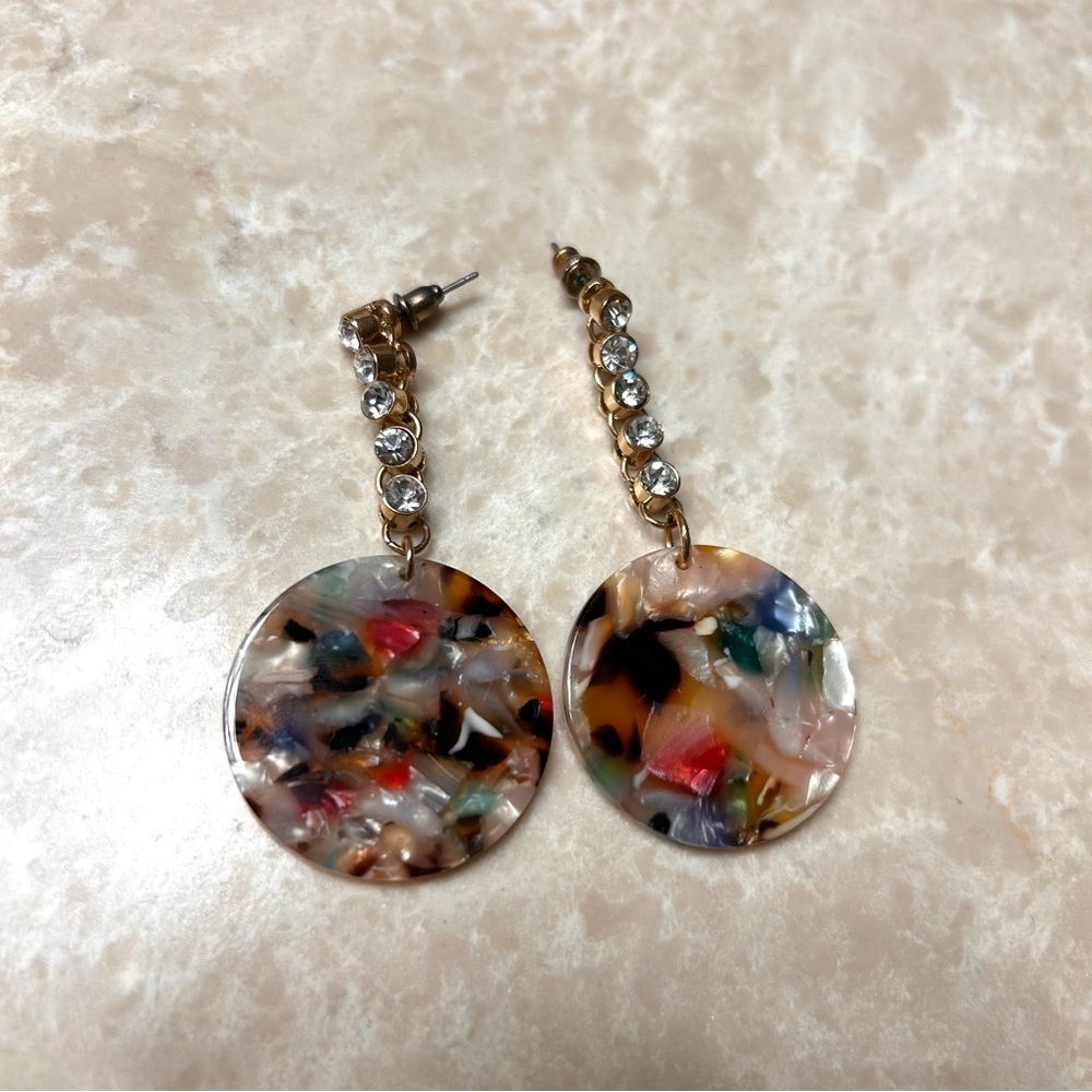 Multicolor Acrylic Disc Drop Earrings w/ Rhinestone Chain | Gold Tone Statement